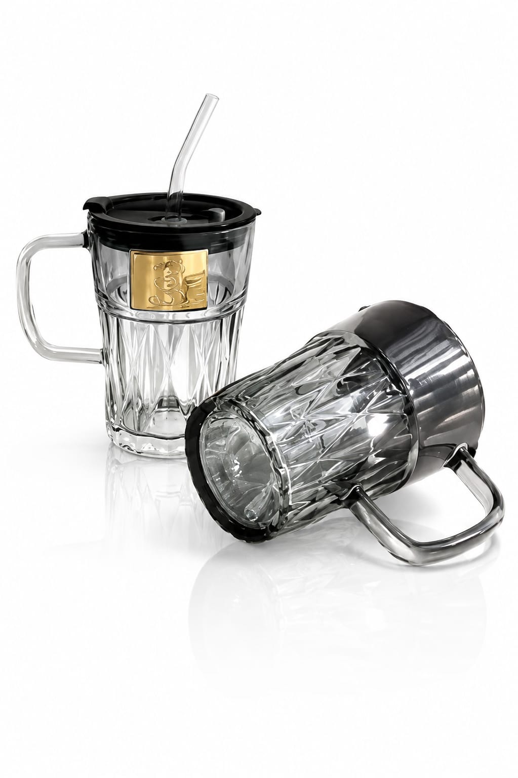 Premium Crystal Glass Coffee Mug with Handle, Lid & Straw - PARTYFOXX 