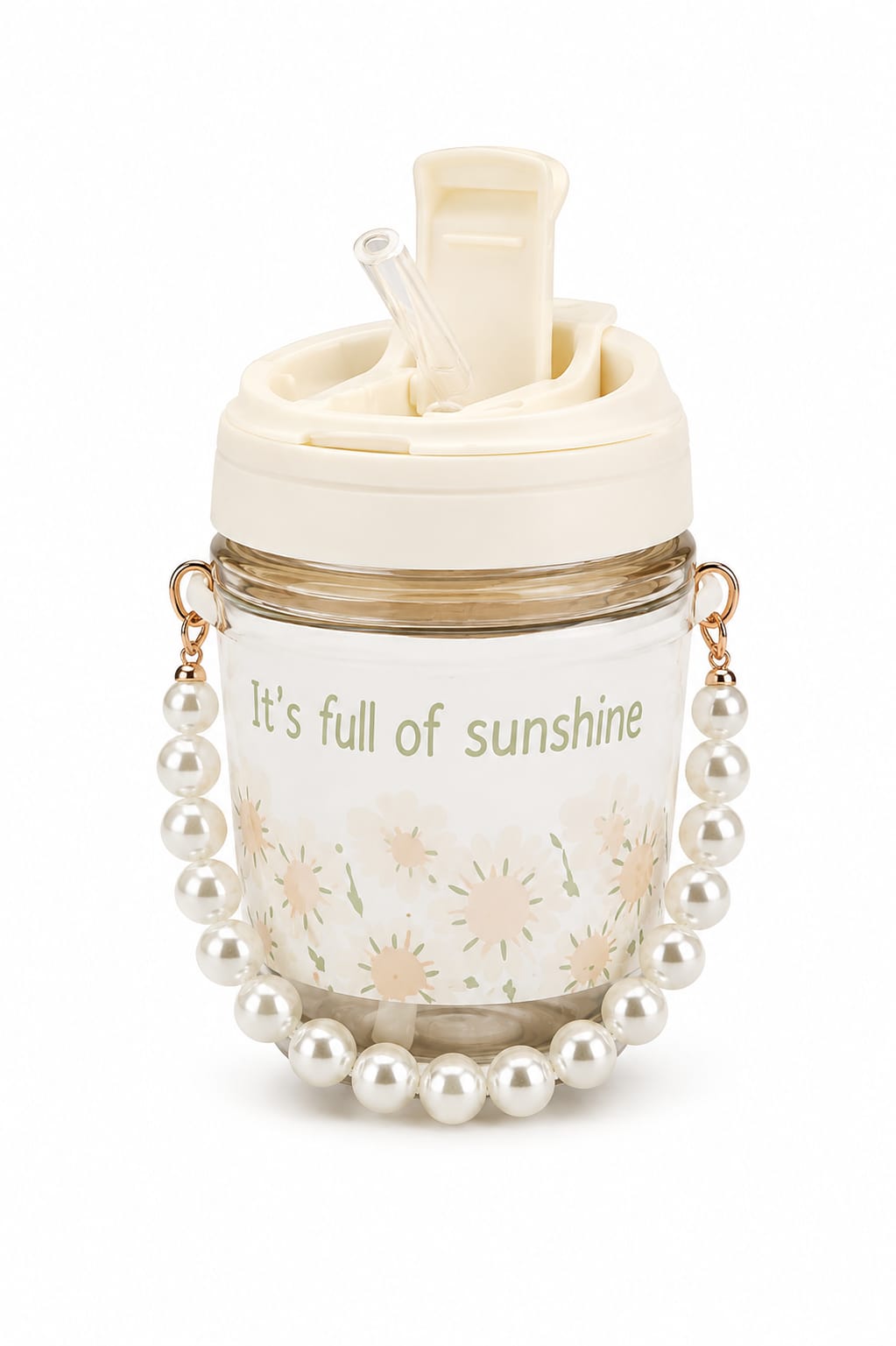 Premium Glass Tumbler with Straw, Flip Lid & Pearl Beaded Carry Handle - PARTYFOXX 