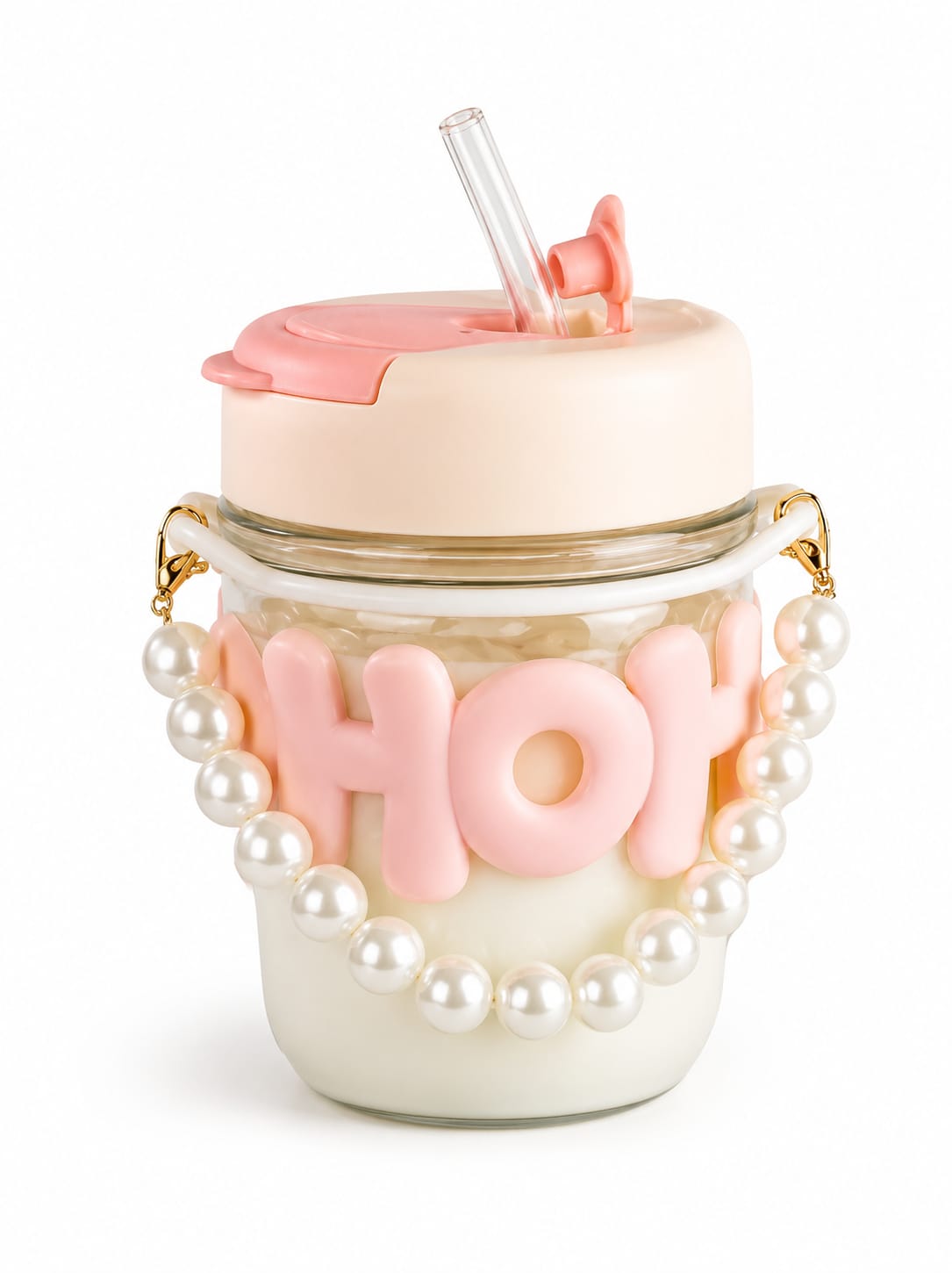 Premium Glass Tumbler with Straw, Flip Lid & Pearl Beaded Carry Handle - PARTYFOXX 