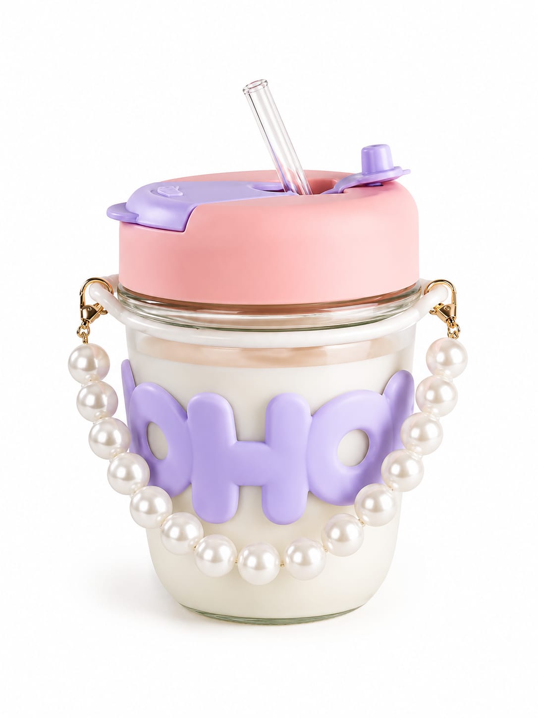 Premium Glass Tumbler with Straw, Flip Lid & Pearl Beaded Carry Handle - PARTYFOXX 