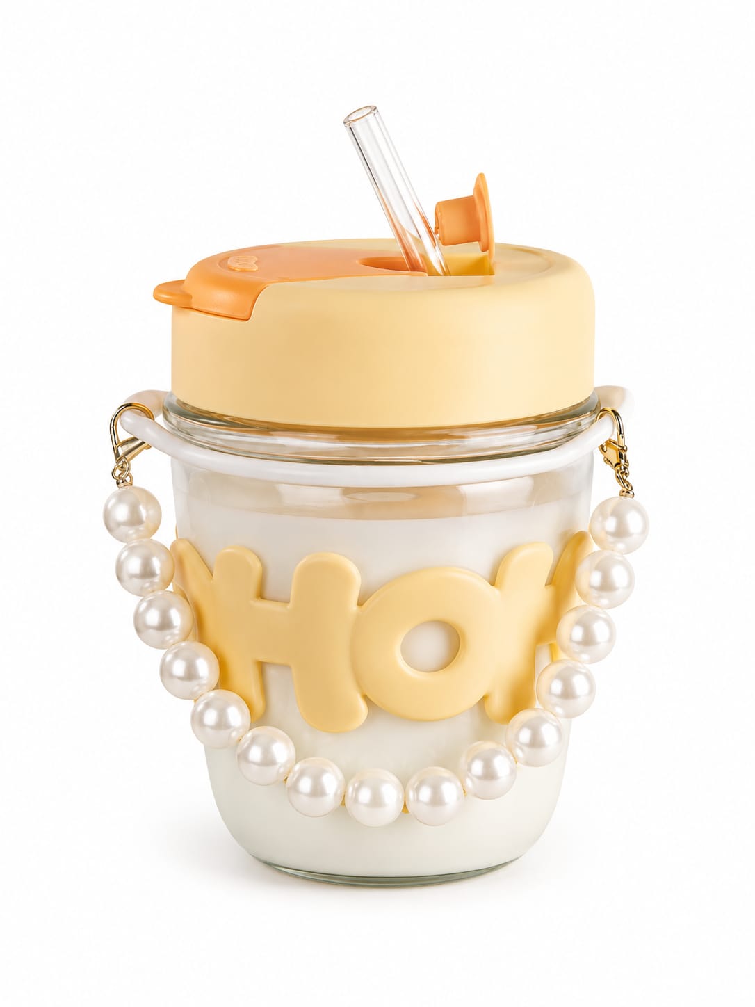Premium Glass Tumbler with Straw, Flip Lid & Pearl Beaded Carry Handle - PARTYFOXX 