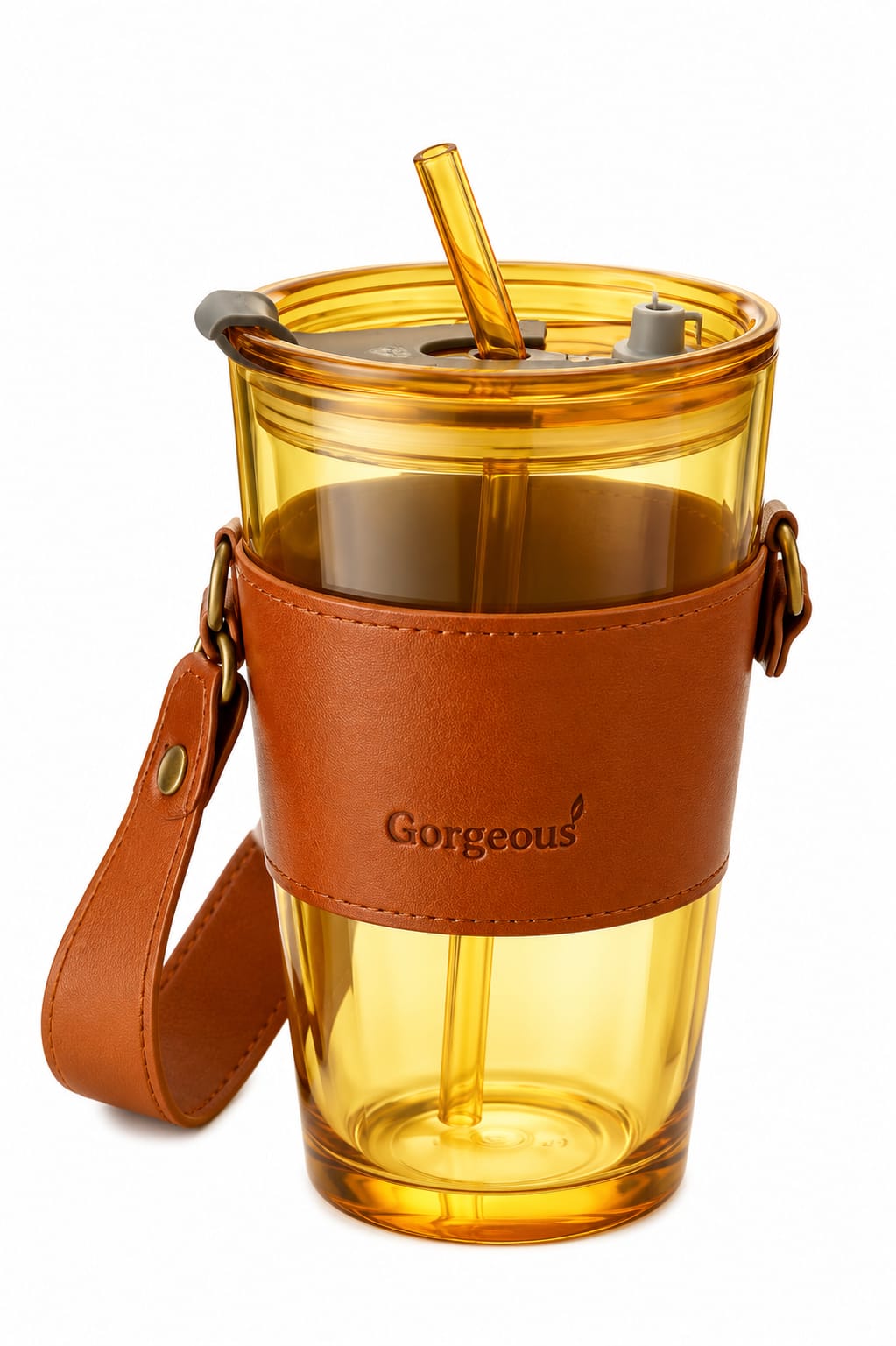Premium Glass Travel Tumbler with Straw, Leather Sleeve & Carry Strap - PARTYFOXX 