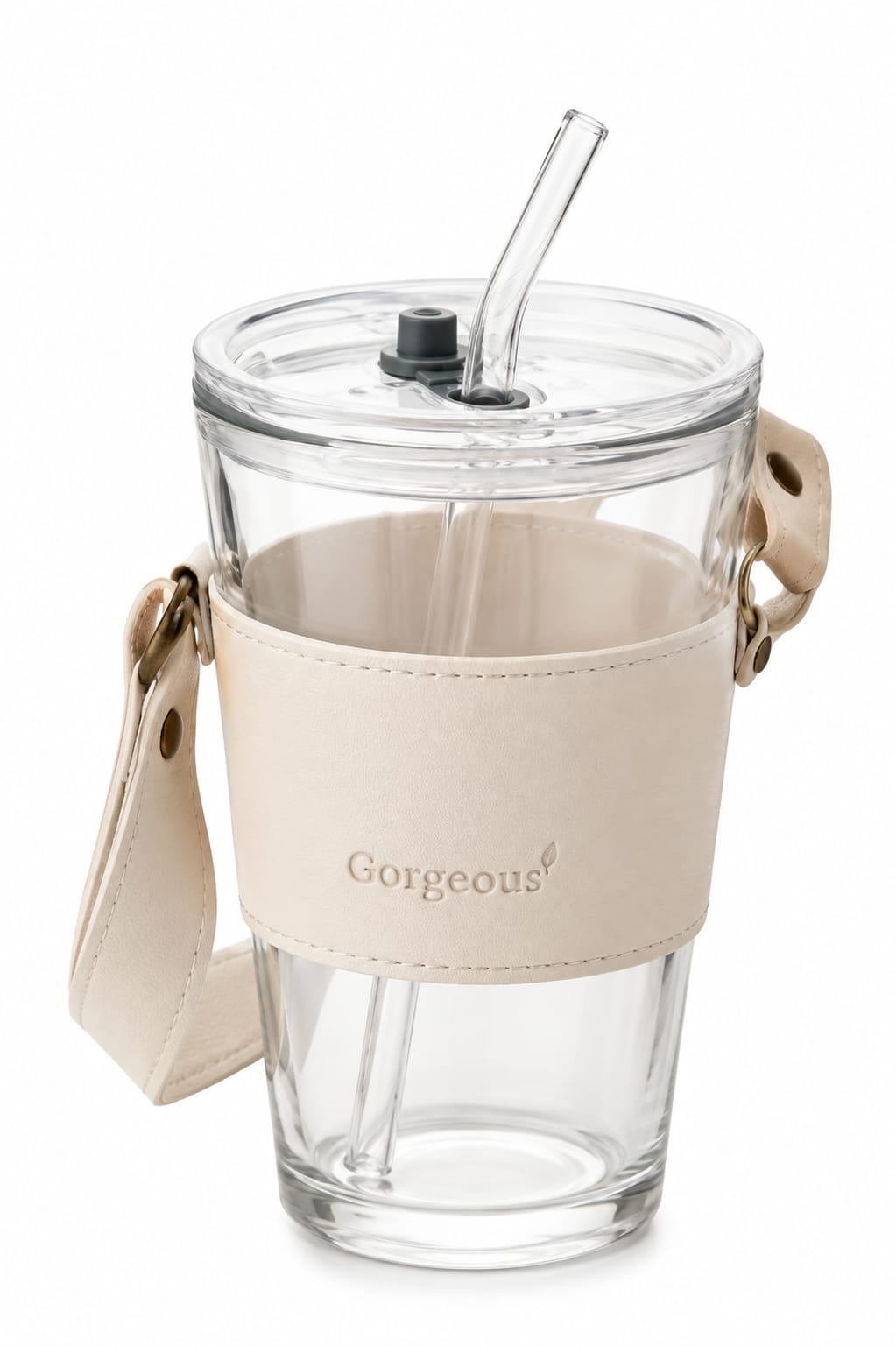 Premium Glass Travel Tumbler with Straw, Leather Sleeve & Carry Strap - PARTYFOXX 