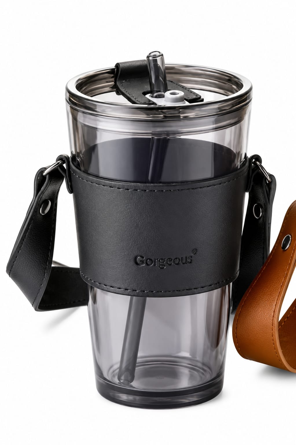 Premium Glass Travel Tumbler with Straw, Leather Sleeve & Carry Strap - PARTYFOXX 
