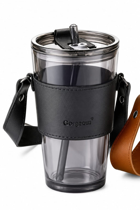 Premium Glass Travel Tumbler with Straw, Leather Sleeve & Carry Strap - PARTYFOXX 