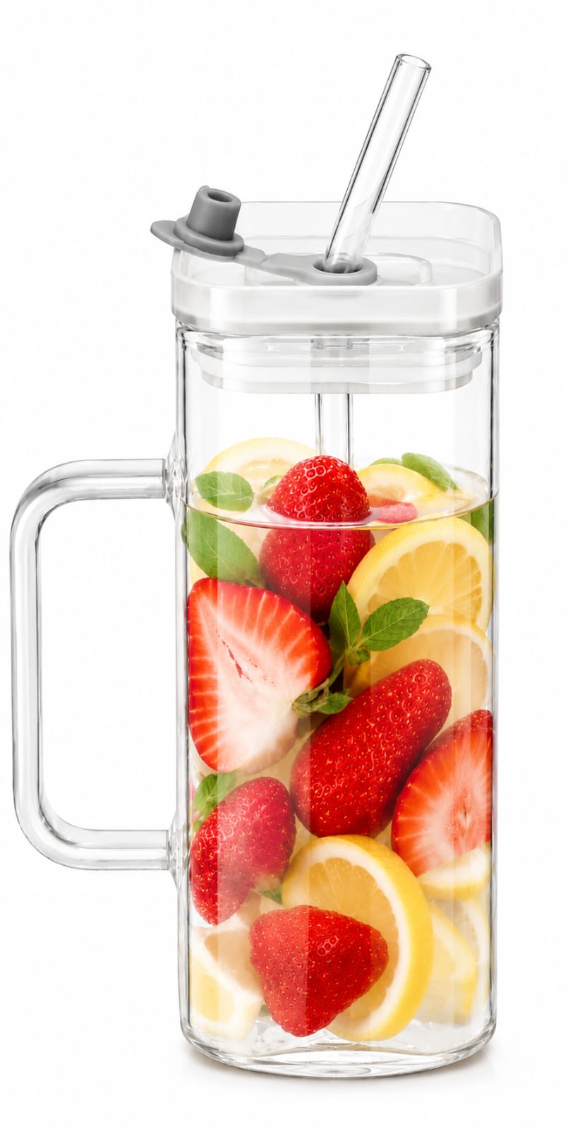 Premium Glass Fruit Infuser Tumbler with Handle, Straw & Flip Lid - PARTYFOXX 