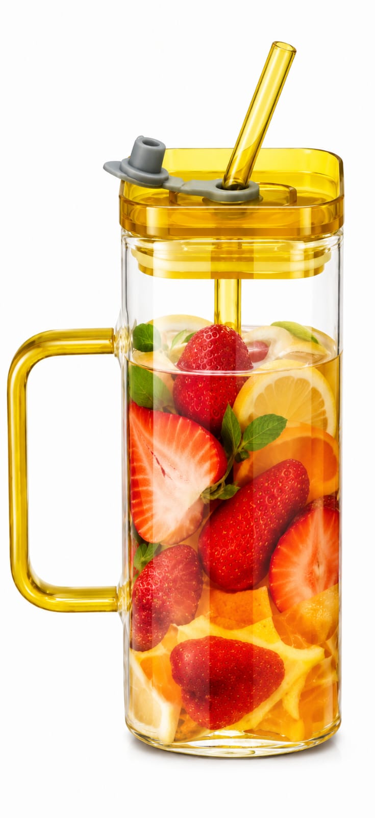 Premium Glass Fruit Infuser Tumbler with Handle, Straw & Flip Lid - PARTYFOXX 