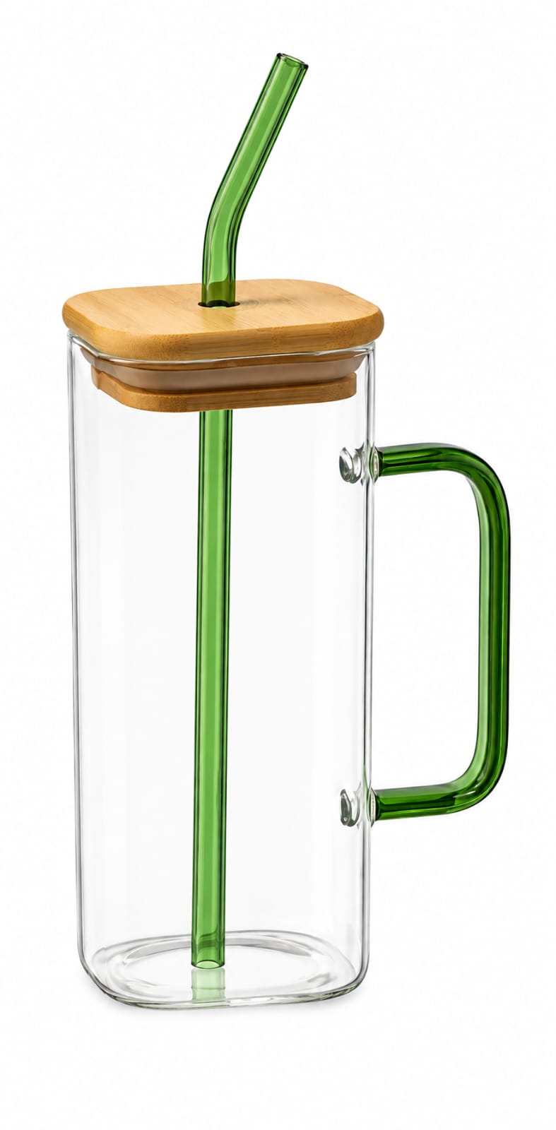 Premium Glass Tumbler with Bamboo Lid, Straw & Handle - PARTYFOXX 