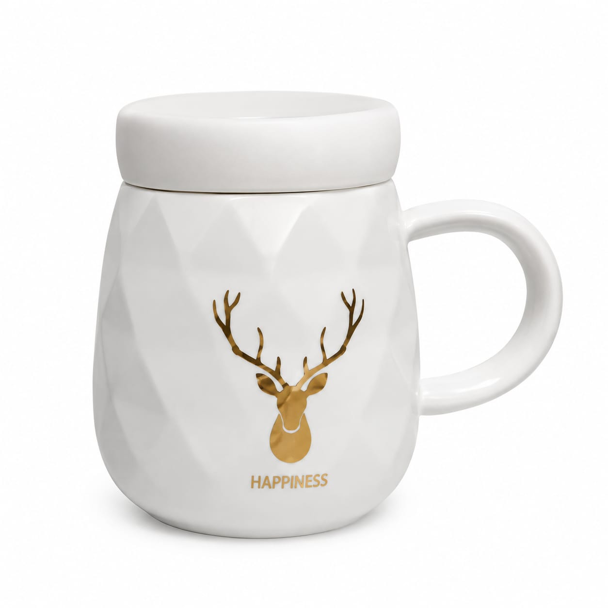 Premium White Ceramic Coffee Mug with Lid & Gold Deer Design - PARTYFOXX 