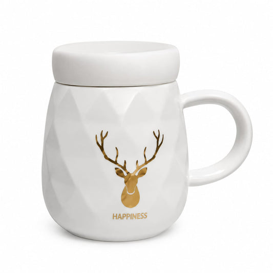 Premium White Ceramic Coffee Mug with Lid & Gold Deer Design - PARTYFOXX 