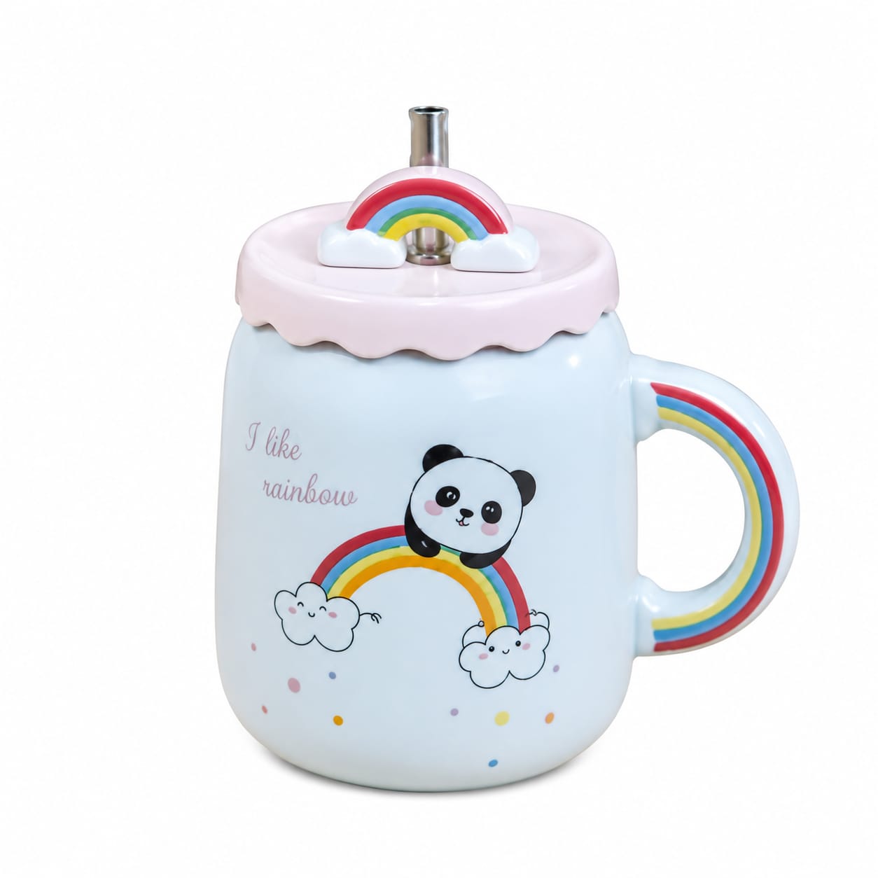 Premium Panda Rainbow Ceramic Coffee Mug with Lid & Straw - PARTYFOXX 