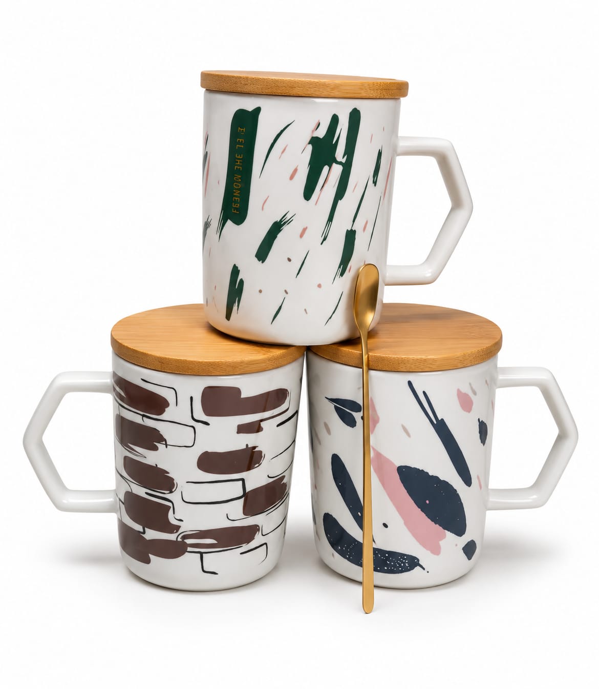 Premium Ceramic Coffee Mug with Bamboo Lid, Geometric Handle & Spoon - PARTYFOXX 