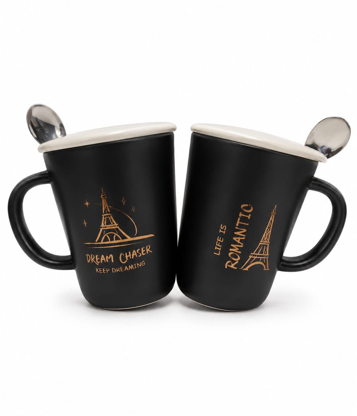 Premium Black Ceramic Coffee Mug with Lid, Spoon & Gold Eiffel Tower Design - PARTYFOXX 