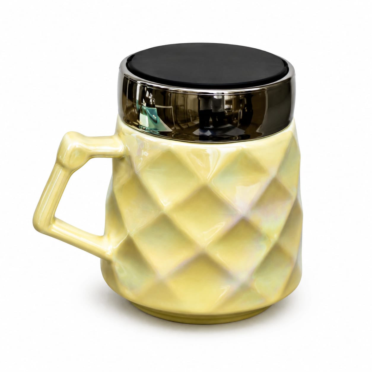 Premium Iridescent Diamond Texture Ceramic Coffee Mug with Silver Rim & Geometric Handle - PARTYFOXX 