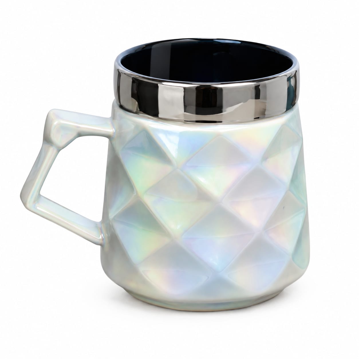Premium Iridescent Diamond Texture Ceramic Coffee Mug with Silver Rim & Geometric Handle - PARTYFOXX 