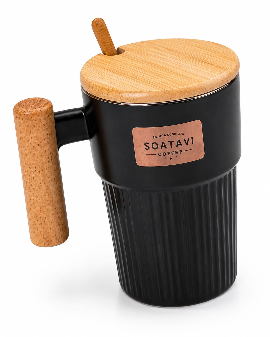 Premium Ribbed Ceramic Coffee Mug with Bamboo Lid, Wooden Handle & Spoon - PARTYFOXX 