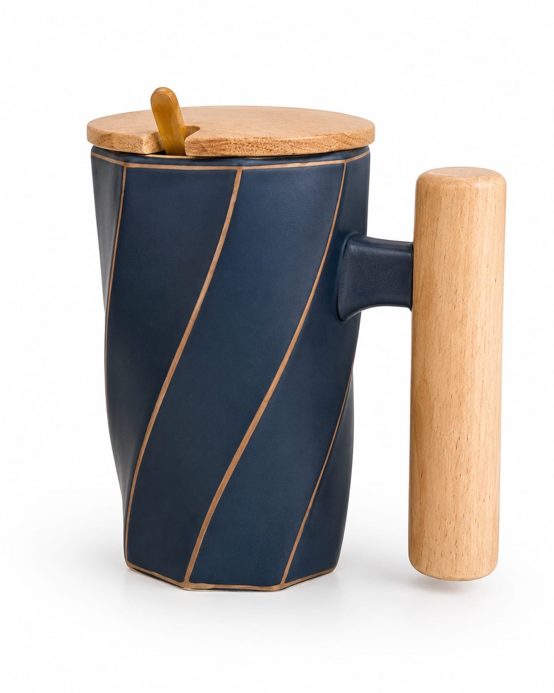 Premium Black Geometric Ceramic Coffee Mug with Wooden Handle & Gold Line Design - PARTYFOXX 