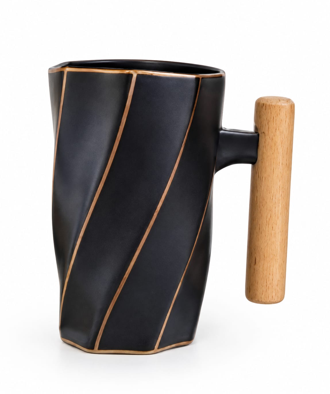 Premium Black Geometric Ceramic Coffee Mug with Wooden Handle & Gold Line Design - PARTYFOXX 