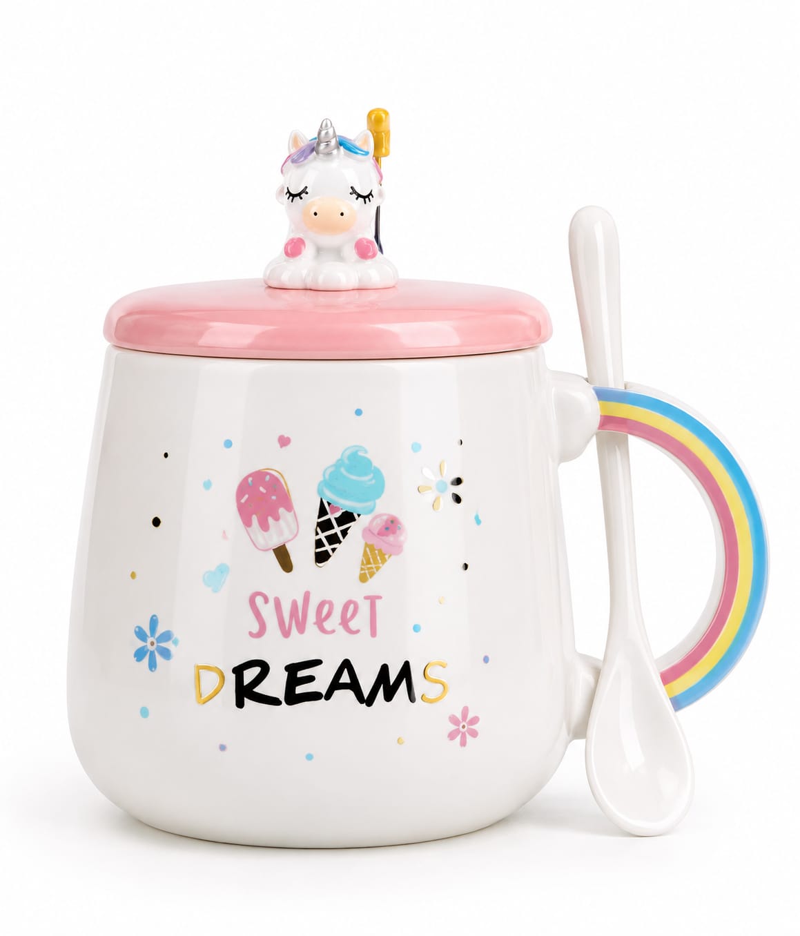 Premium Unicorn Ceramic Coffee Mug with Lid, Rainbow Handle & Spoon - PARTYFOXX 