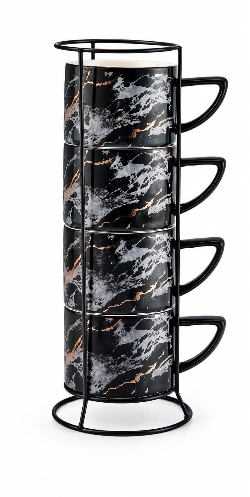 Premium Set of 4 Black Marble Ceramic Coffee Mugs with Metal Stand - PARTYFOXX 