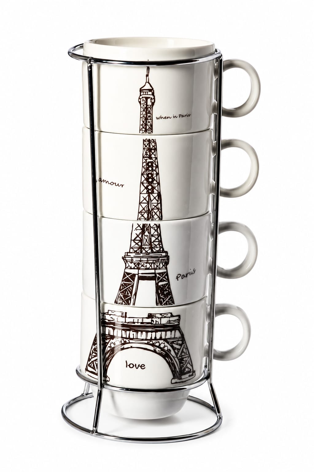 Premium Set of 4 Paris Eiffel Tower Ceramic Coffee Mugs with Metal Stand - PARTYFOXX 