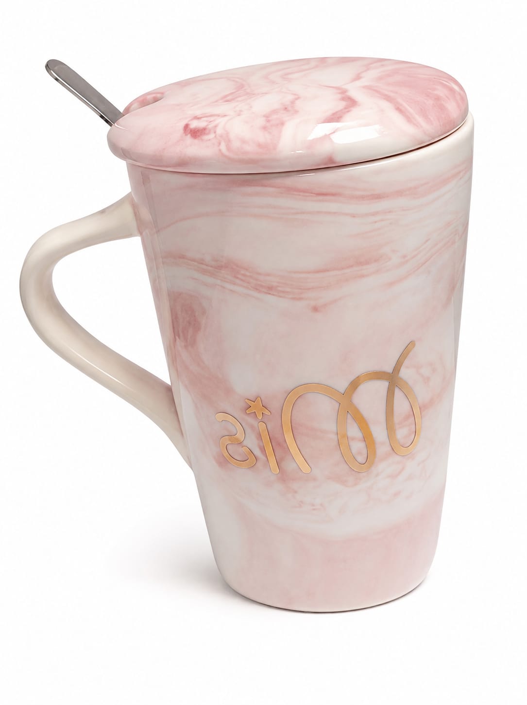 Premium Pink Marble Ceramic Coffee Mug with Lid & Spoon - PARTYFOXX 
