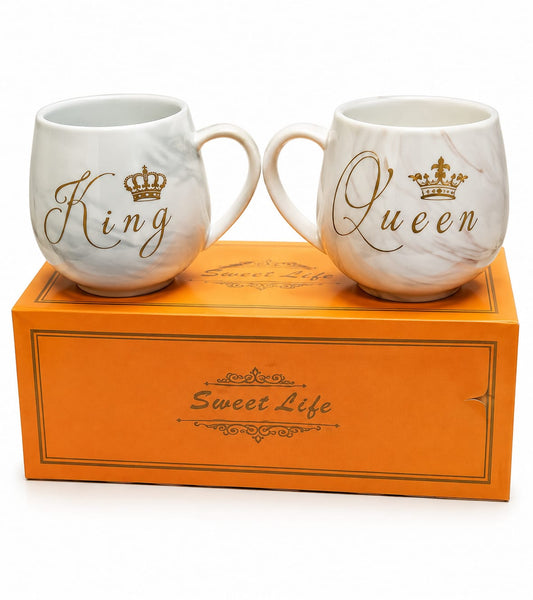 Premium King & Queen Marble Ceramic Mug Set with Gift Box - PARTYFOXX 