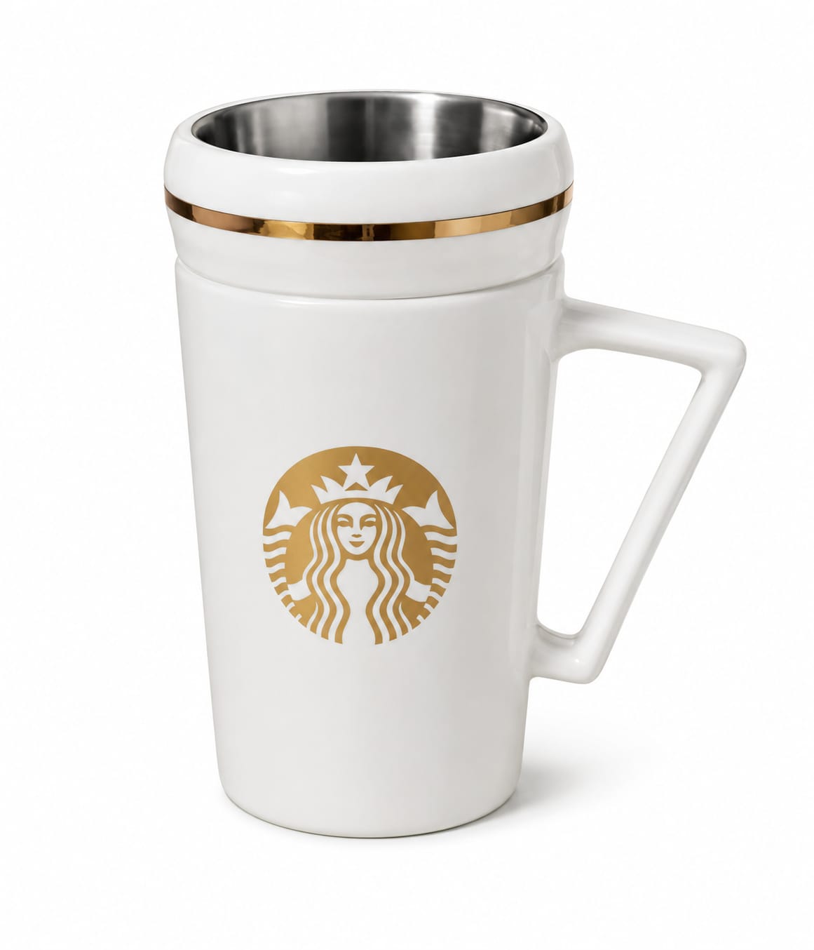 Premium Ceramic Travel Coffee Mug with Stainless Steel Inner, Gold Rim & Geometric Handle - PARTYFOXX 