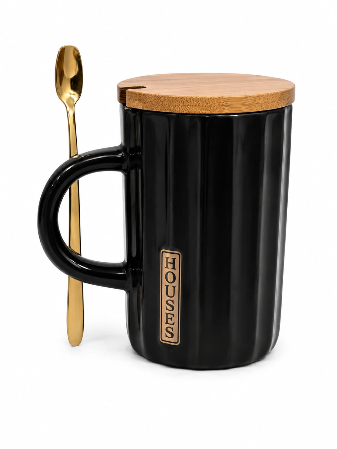 Premium Ribbed Ceramic Coffee Mug with Bamboo Lid & Spoon