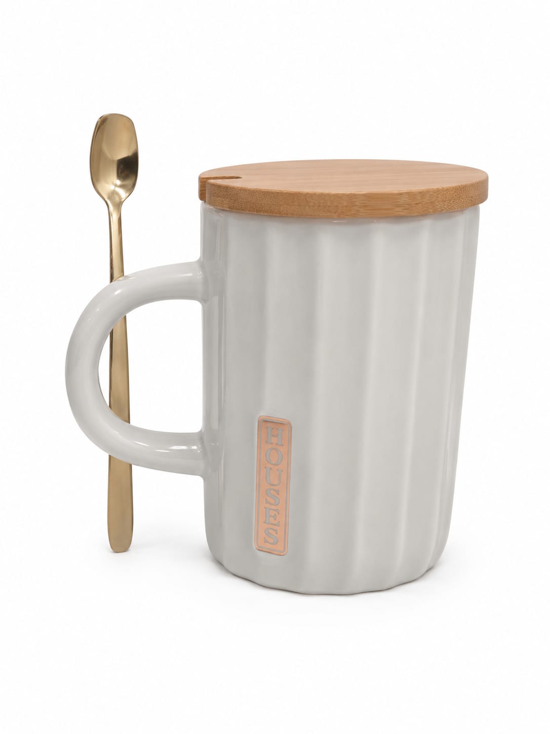 Premium Ribbed Ceramic Coffee Mug with Bamboo Lid & Spoon