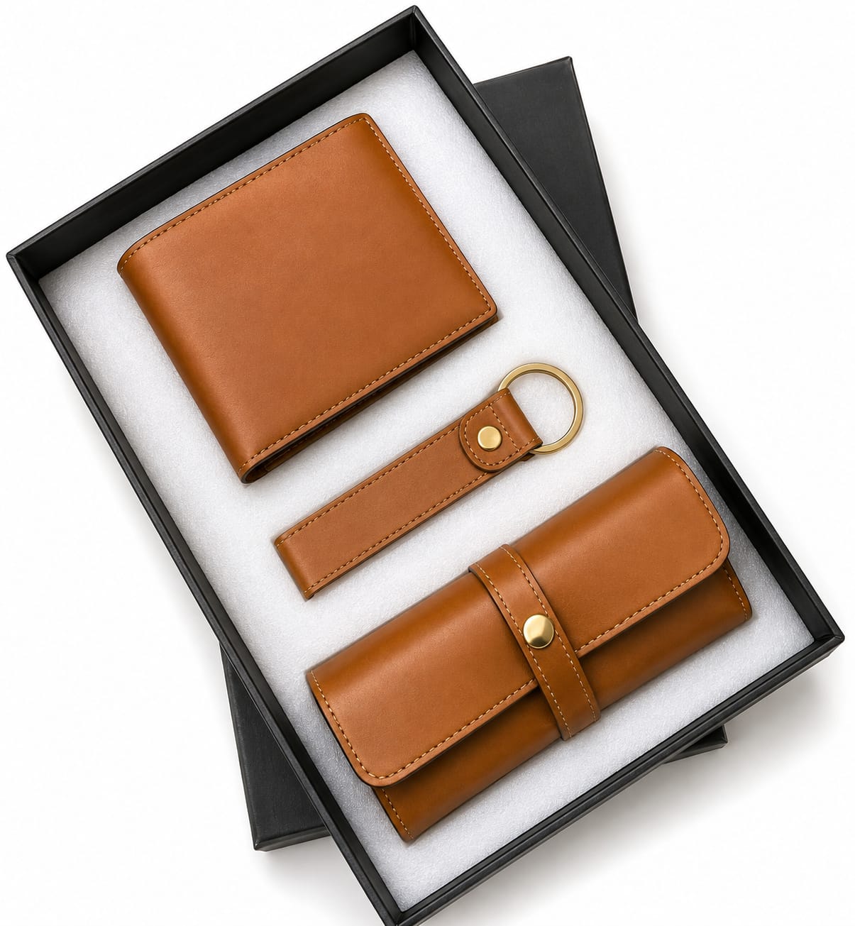Premium 3-Piece Leather Wallet, Keychain & Utility Pouch Gift Set