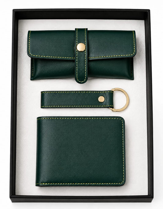 Premium 3-Piece Leather Wallet, Keychain & Utility Pouch Gift Set - PARTYFOXX 