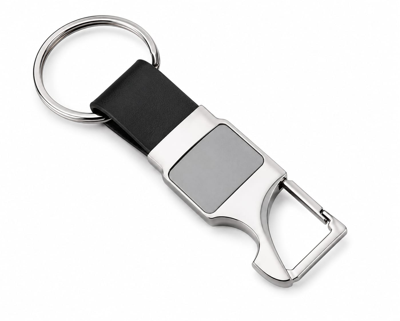 Premium Metal Carabiner Keychain with Black Leather Strap & Grey Insert