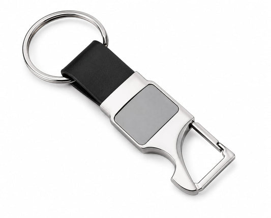 Premium Metal Carabiner Keychain with Black Leather Strap & Grey Insert - PARTYFOXX 
