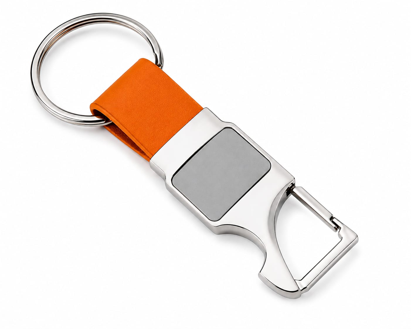 Premium Metal Carabiner Keychain with Orange Leather Strap & Grey Insert