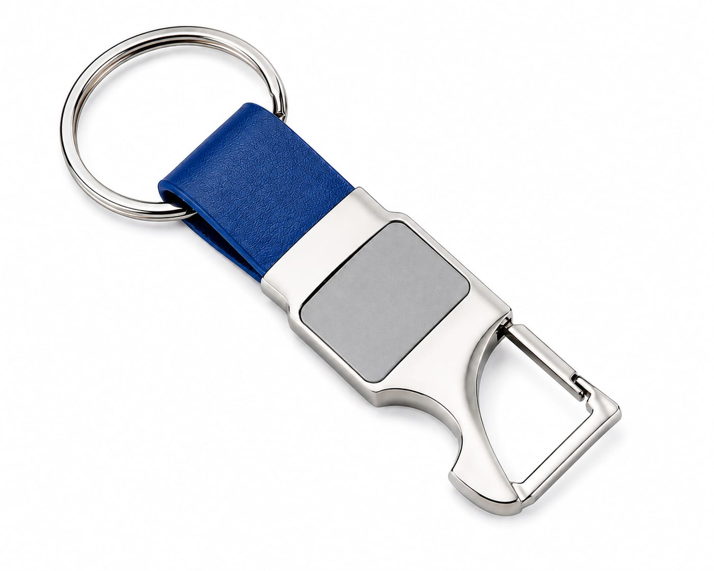 Premium Metal Carabiner Keychain with Blue Leather Strap & Grey Insert