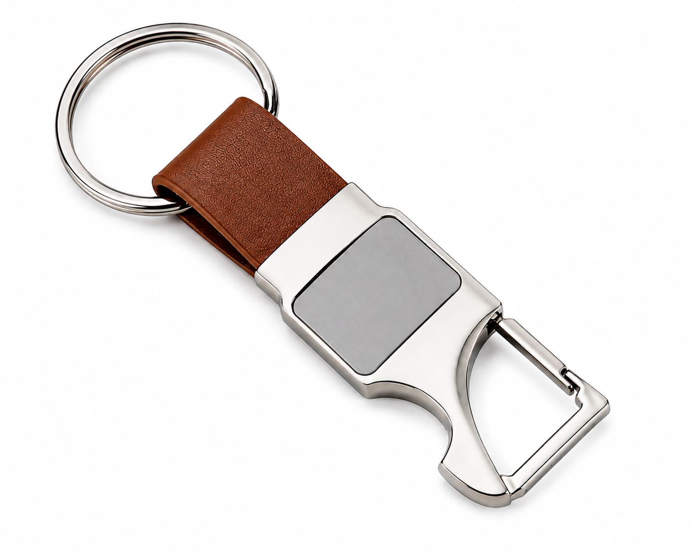 Premium Metal Carabiner Keychain with Brown Leather Strap & Grey Insert