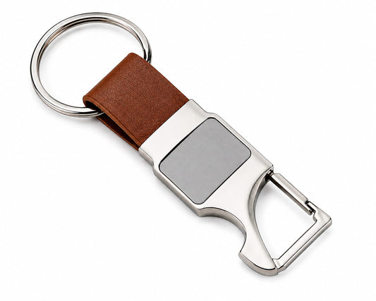 Premium Metal Carabiner Keychain with Brown Leather Strap & Grey Insert - PARTYFOXX 