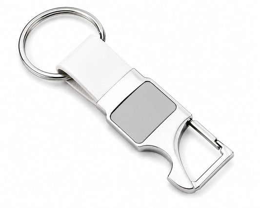 Premium Metal Carabiner Keychain with Brown Leather Strap & Grey Insert - PARTYFOXX 