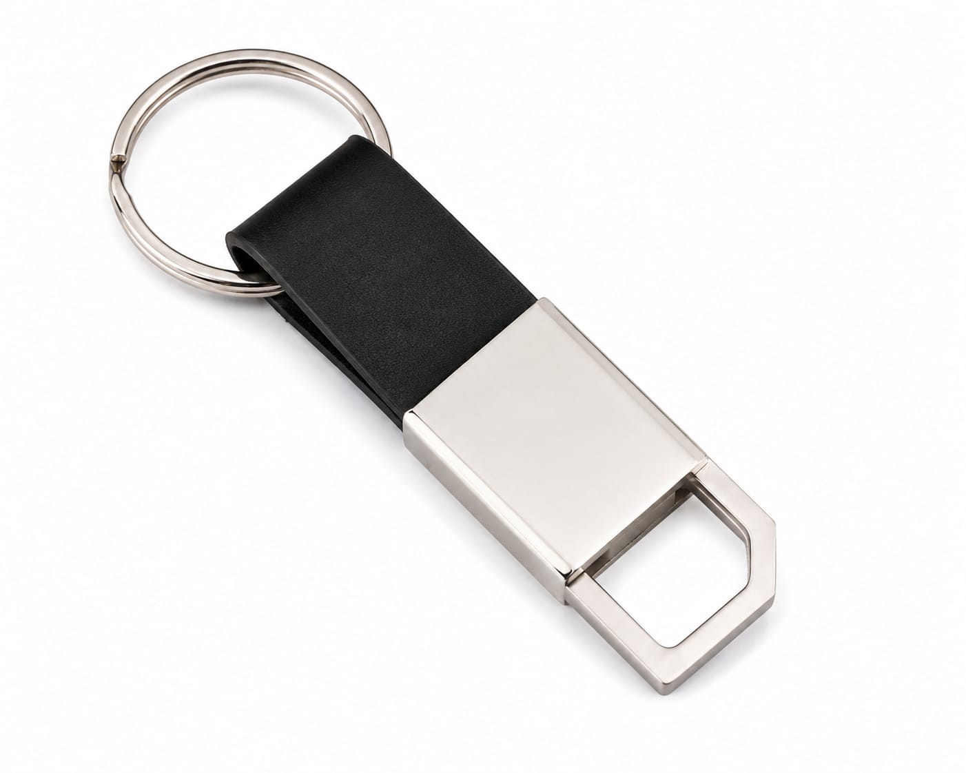 Premium Metal Keychain with Black Leather Strap & Geometric Hook Design