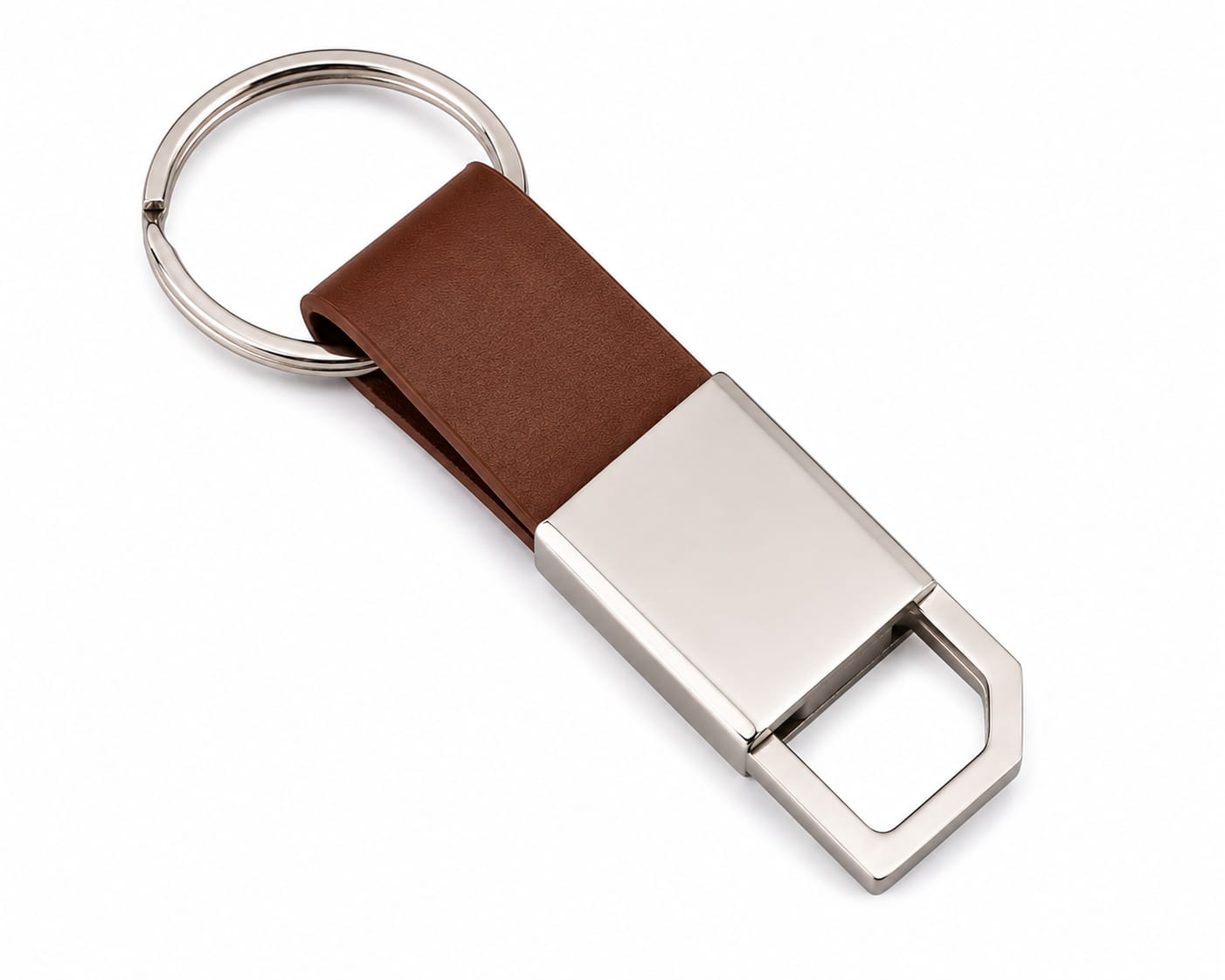 Premium Metal Keychain with Brown Leather Strap & Geometric Hook Design
