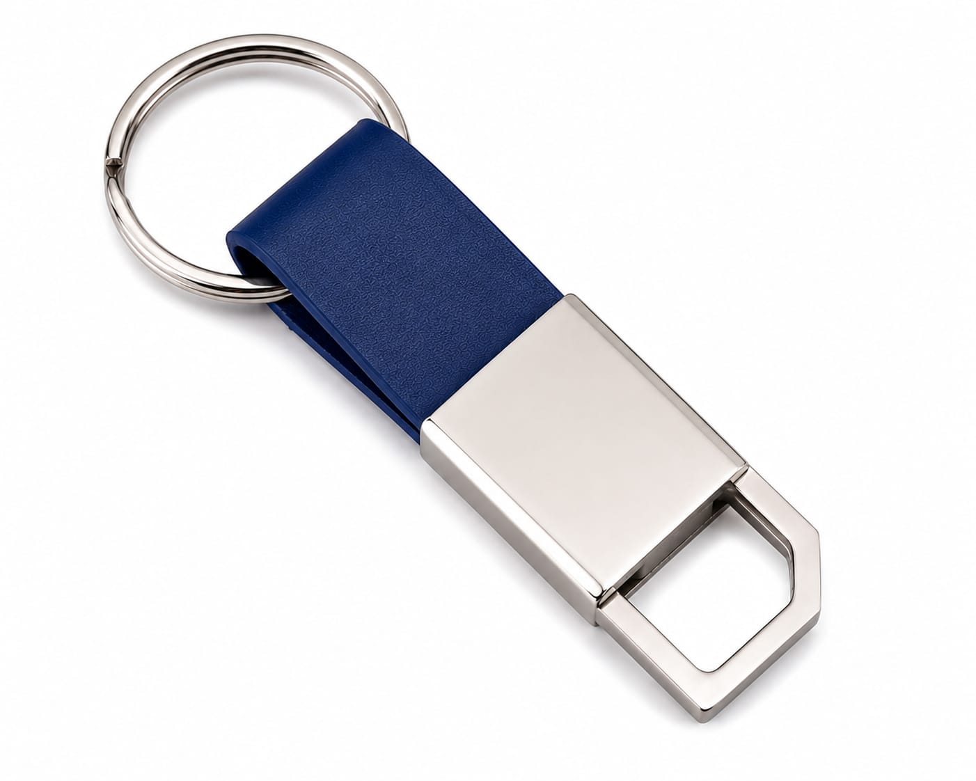 Premium Metal Keychain with Blue Leather Strap & Geometric Hook Design