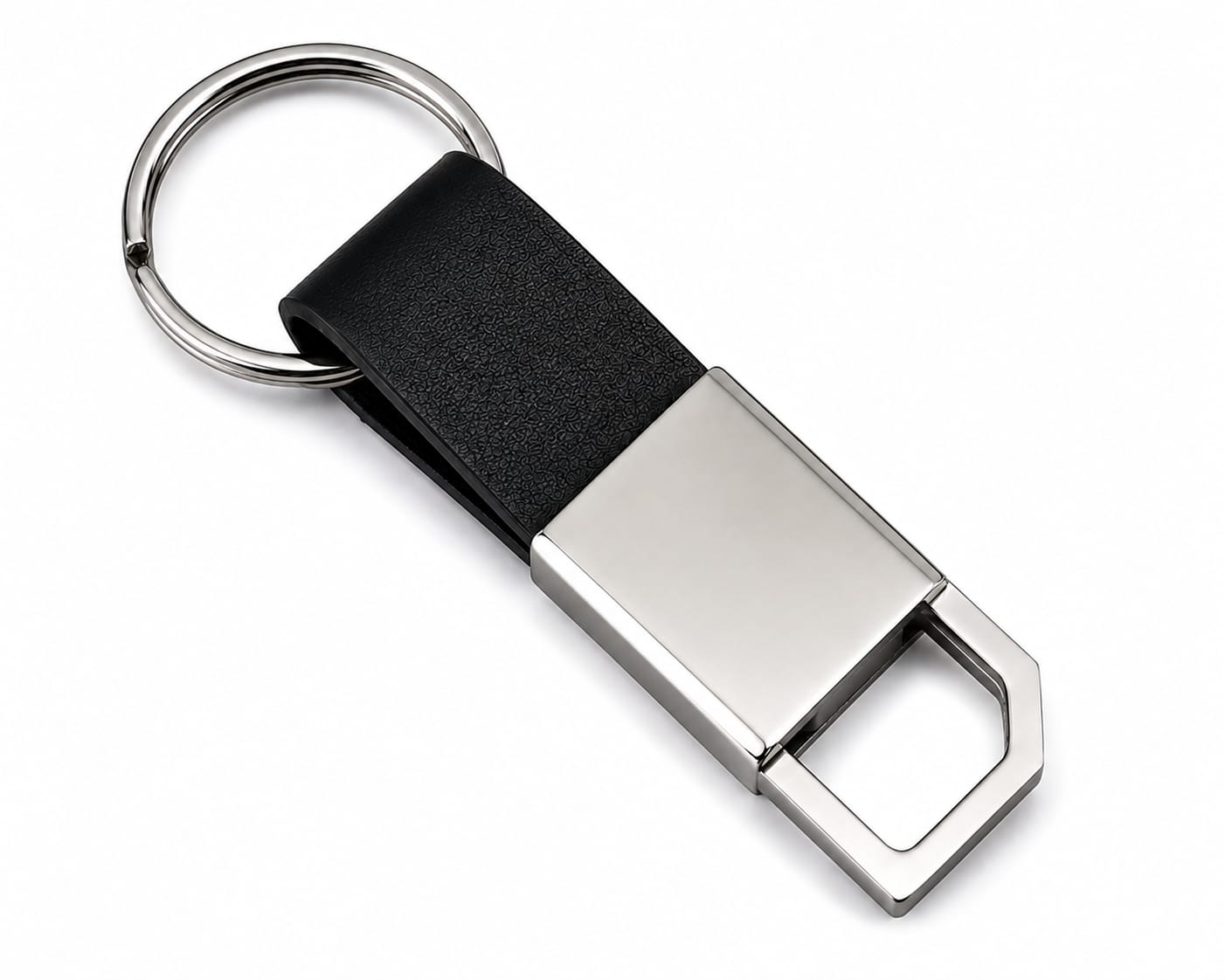 Premium Metal Keychain with Black Leather Strap & Geometric Hook Design