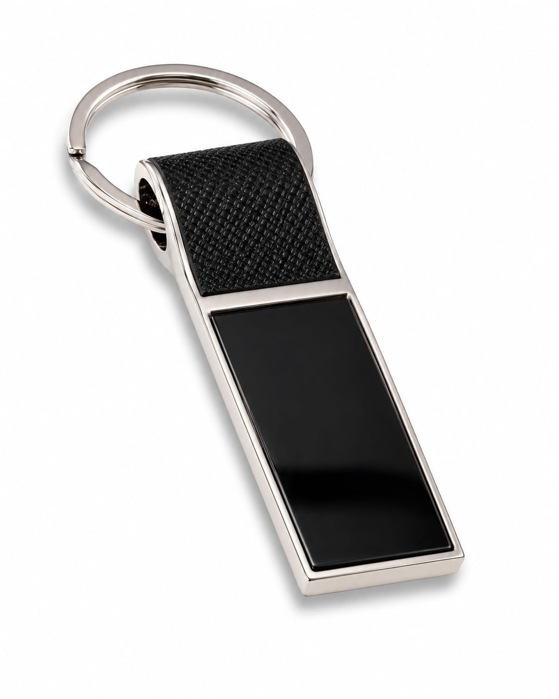 Premium Rectangular Metal Keychain with Textured Black Leather Loop & Black Insert