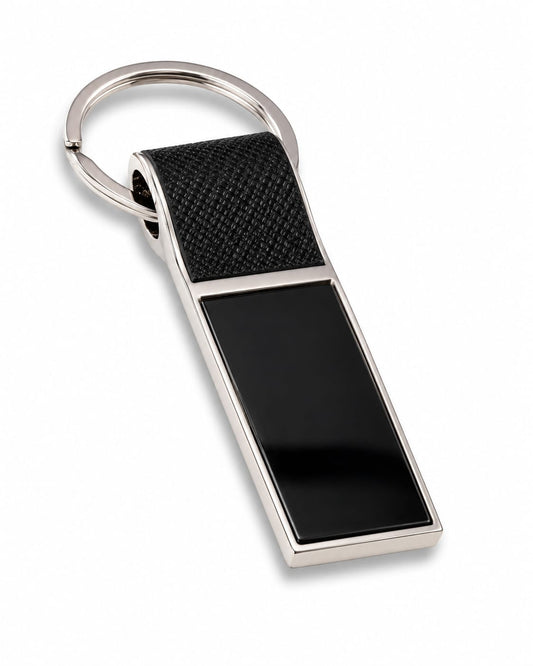 Premium Rectangular Metal Keychain with Textured Black Leather Loop & Black Insert - PARTYFOXX 