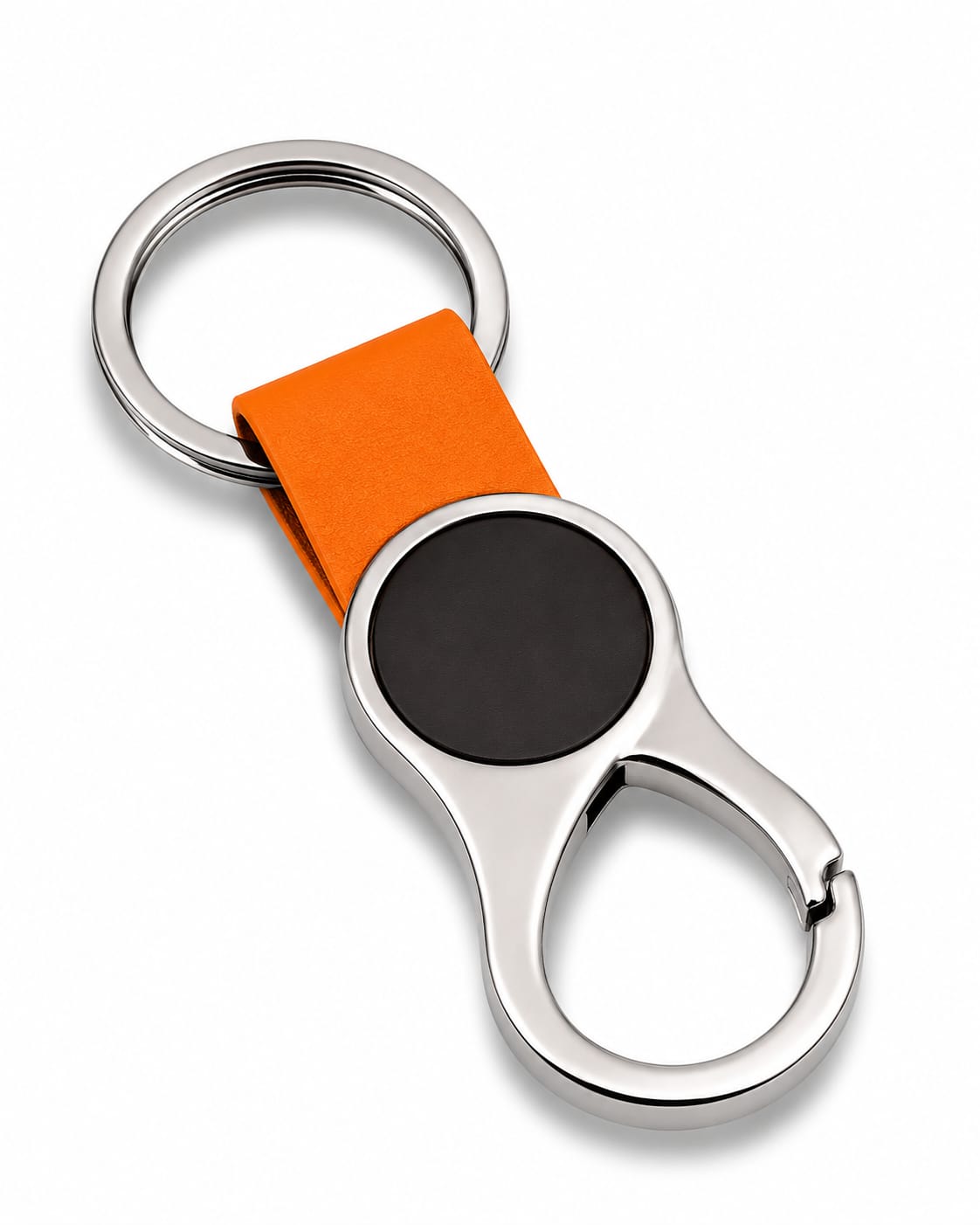 Premium Metal Carabiner Keychain with Orange Leather Strap & Round Black Insert