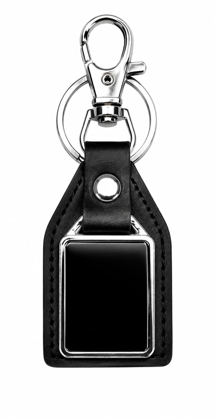 Premium Black Leather Keychain with Metal Clip, Key Ring & Rectangular Black Insert