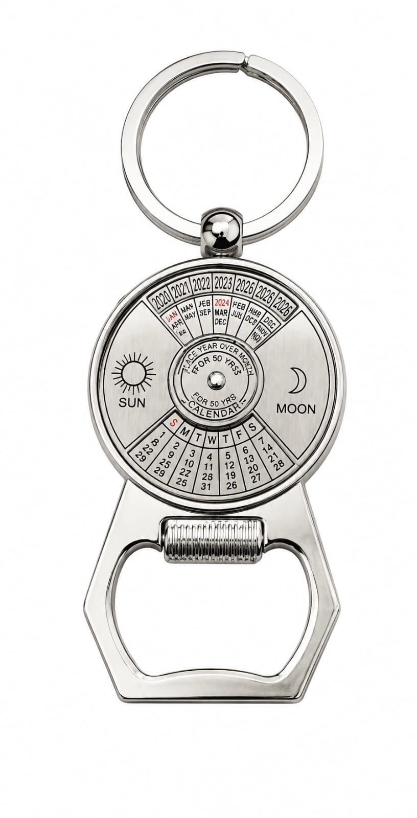 Premium 50-Year Perpetual Calendar Metal Keychain with Bottle Opener
