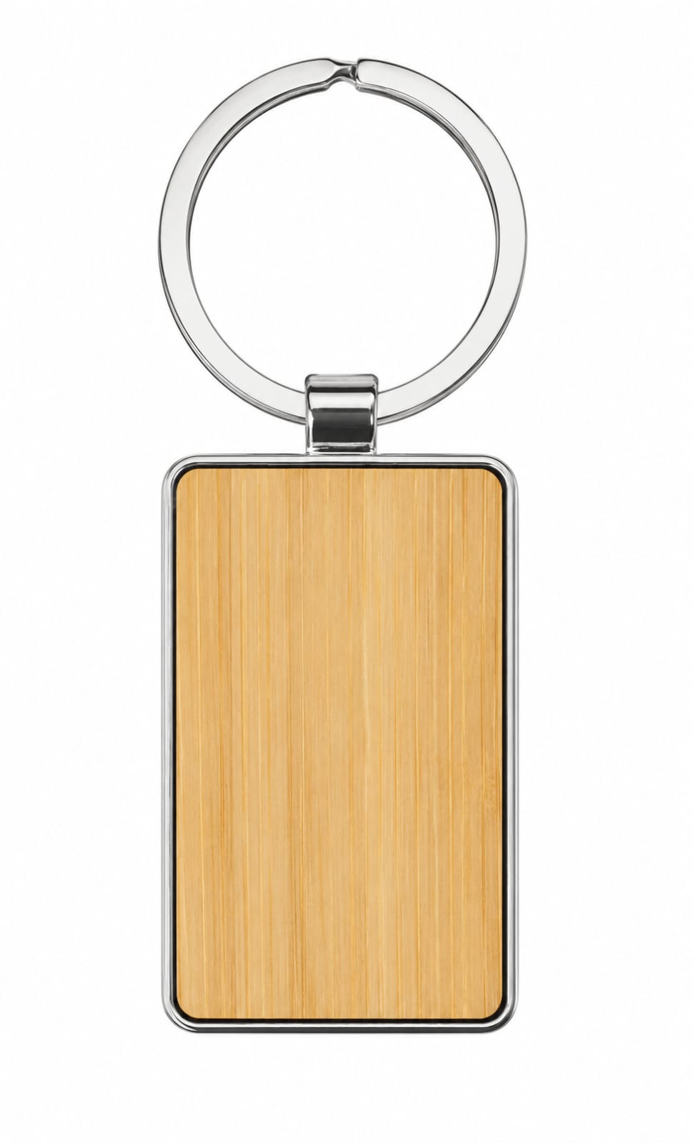 Premium Large Rectangular Bamboo & Metal Keychain with Metal Ring