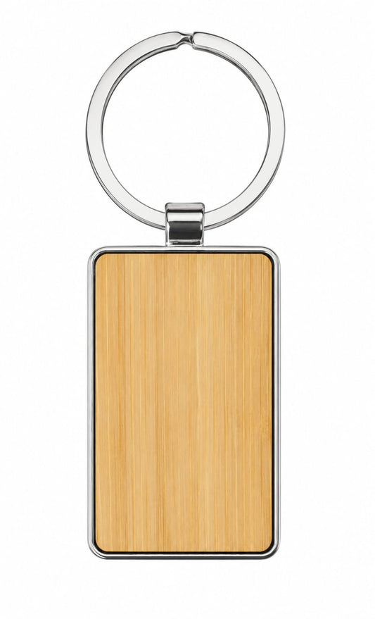 Premium Large Rectangular Bamboo & Metal Keychain with Metal Ring - PARTYFOXX 